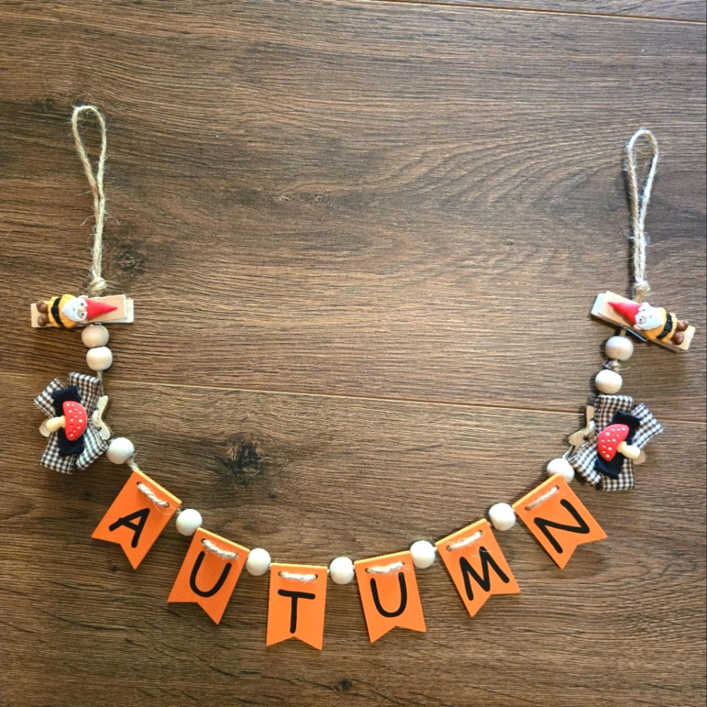 Festive Autumn Fall Gnome Bow Garland Decor Rustic Country Home Office Wood NWT